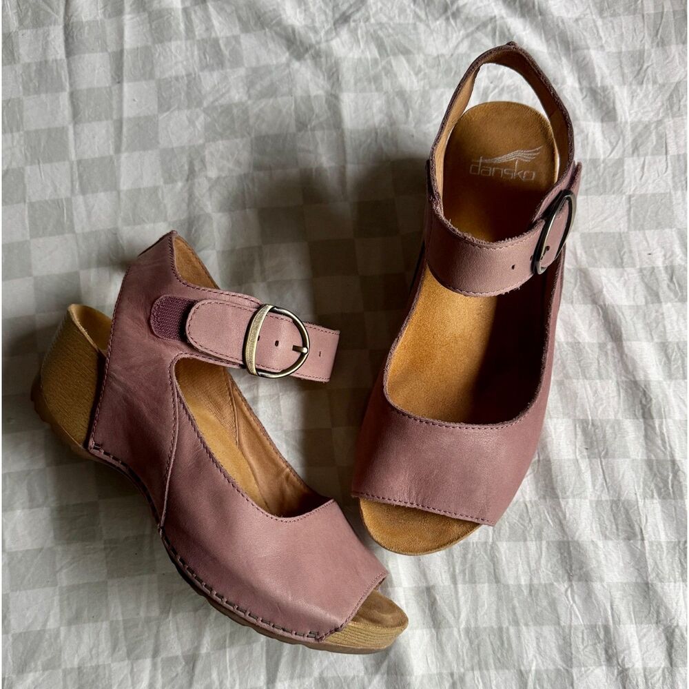 Dansko Season Mauve Pink Leather Ankle Strap Wedge Sandals W Size 38 (US 7.5-8)